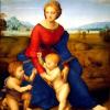 Ein Meisterwerk von Raffaello Sanzio da Urbino: die sogenannte „Madonna im Grünen“, eine typische Dreieckskomposition Raffaels (1505/1506).