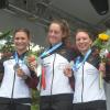 Die Silbermedaillengewinnerinnen im Canadier Einer: (v.l.)  Elena Lilik  Nele Bayn,  und Andrea Herzog