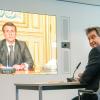 Präsident trifft Ministerpräsident: Emmanuel Macron und Markus Söder während ihrer Videokonferenz.