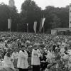 Was für ein Menschenauflauf: Mehrere Tausend Gläubige kamen am 13. Juli 1975 zur Primiz von Alois Zeller nach Höchstädt. Im Hintergrund sind die Stadtpfarrkirche und das alte Feuerwehrgerätehaus zu sehen. Die Gäste standen bei brütender Hitze auch noch unter den Kastanienbäumen in der Schulstraße. 