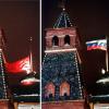 Die Bildkombo zeigt das Einholen der sowjetischen Flagge in rot mit Hammer und Sichel und das Hissen der weiß-blau-roten russischen Trikolore am 25. Dezember 1991 in Moskau.