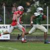 Landsbergs Brandon Watkins (grünes Trikot) warf die Pässe für drei Touchdowns und erzielte einen selber. Dennoch reichte es am Ende nicht zum Sieg. Archivfoto: Thorsten Jordan