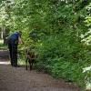 Eine Polizistin sucht mithilfe eines Suchhundes am Rande eines Waldstückes nach Hinweisen. Ein Mädchen wurde von einem Mann, der eine Wolfsmaske getragen haben soll, vergewaltigt.