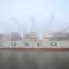 Hamburg: Das Containerschiff "Cosco Pride" liegt im dichten Nebel am Containerterminal Tollerort