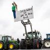 Eine Puppe hängt an einem Traktor und baumelt an einem Galgen mit dem Schild: "Ist der Landwirt tot gibt es kein Brot".