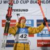 Biathlet Roman Rees aus Deutschland jubelt nach seinem Sieg im Einzelrennen von Östersund.