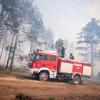 Einsatzkräfte der Feuerwehr bekämpfen in einem Waldstück nahe Jüterbog das Feuer.