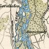 Der mäandernde Wildfluss Lech im Jahr 1846 kurz vor Beginn der Regulierung.