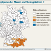 In Südbayern werden Kleinkinder seltener gegen Masern und Meningokokken C geimpft. Orange eingefärbt sind die Landkreise, in denen die Quoten bei beiden Impfungen besonders niedrig sind. 	