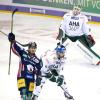 Ein Bild mit Symbolcharakter: Austin Ortega von den Eisbären Berlin bejubelt das 2:0, während Henry Haase und Markus Keller ernüchtert sind.