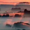 Nebel leuchtet am im Voralpenland bei Bernbeuren im Sonnenlicht. Gerade am Morgen wird allmälich deutlich: Es wird allmählich Herbst. 