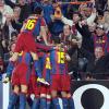Die Spieler des FC Barcelona feiern den Sieg gegen Schachtjor Donezk. 