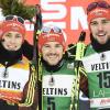 Die Nordischen Kombinierer Eric Frenzel (li), Fabian Riessle (Mitte) Johannes Rydzek zählen zu de größten deutschen Medaillenhoffnungen bei der Nordischen Ski-WM 2017 in Lahti.