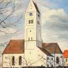 Seine Motive sind vielfältig. Hier hat er die Wehringer Kirche gemalt.