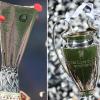 Die Pokal der Europa League (links) und der Champions League.