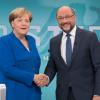 Martin Schulz und Angela Merkel nach dem TV-Duell: 16 Millionen Menschen verfolgten die "Show" am Sonntagabend auf vier verschiedenen Sendern.