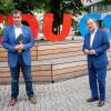 CDU-Kanzlerkandidat Armin Laschet (rechts) und CSU-Chef Markus Söder geben vor der gemeinsamen Präsidiumssitzung ihrer Parteien zur Abstimmung über das neue Wahlprogramm ein Pressestatement.