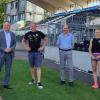 Von links: Iris Mann, Andreas Stich, Arthur Abele, Gernot Gruber, Stefanie Dauber und Martin Rivoir im Donaustadion. 	