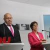 Peter Altmaier (v. l.), Annegret Kramp-Karrenbauer und Saar-CDU-Chef Tobias Hans verkünden in Saarbrücken den Generationswechsel im Landesverband.