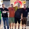 Siegerehrung beim 1. Lauber-Dart-Turnier (von links): Niko Mayer (Spartenleiter Dart), Florian Vogel (dritter Platz ), Marcus Stephan (2.), Sieger Andreas Löfflad, Manuel Küfner (4.) und Marcus Schneid (Teamkapitän DC Laub).  	