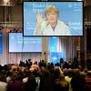 Bundeskanzlerin Angela Merkel (CDU) spricht während einer Vortragsveranstaltung «Was ist die Schöpfung in der globalisierten Welt wert?» während des Kirchentags in Hamburg.