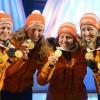 Die Biathletinnen (von links) Franziska Hildebrand, Vanessa Hinz, Laura Dahlmeier und Franziska Preuß holten bei der Biathlon-WM 2015 im finnischen Kontiolahti Gold mit der Staffel.