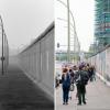 Links ist ein Abschnitt der Berliner Mauer in Berlin-Friedrichshain zu sehen. Heute ist sie als East Side Gallery bekannt. 118 Künstler haben die Mauerreste verschönert.