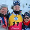 Familienfeier in Oberhof: Weltmeister Johannes Thingnes Bö aus Norwegen mit seinen Eltern Klemet Bö und Aslaug Hildegunn Thingnes Bö in der  Arena am Rennsteig.