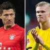 Bayern Münchens Robert Lewandowski (l) und Erling Haaland von Borussia Dortmund treffen am Dienstag aufeinander.