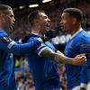 James Tavernier (r) von den Rangers feiert mit seinen Mannschaftskameraden einen Treffer gegen RB Leipzig im Halbfinale der Europa League.