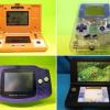 Der Vorgänger des Gameboy, Donkey Kong (o.l.), ein Exemplar der durchsichtigen Sonderedition des ersten Gameboys (o.r.), dessen Nachfolger Game Boy Advance (u.l.) und die aktuelle Version, Nintendo 3D5, im Computerspielmuseum in Berlin.