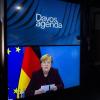 Bundeskanzlerin Angela Merkel spricht während einer Videokonferenz bei der Davos Agenda im Rahmen des Weltwirtschaftsforum.