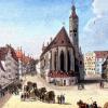 Anno 1820: Die Holzfuhrwerke sind auf der Jakoberstraße aufgefahren. Neben einem Lädchen an der Kirche lehnen die Messstäbe der Holzmesser.