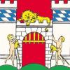 Das Stadtwappen: Neuburg erhielt es nach dem Landshuter Erbfolgekrieg 1506. Die zwei Steckreiterkinder, Ottheinrich und Philipp, und ein Löwe sind dargestellt. 