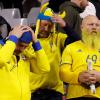 Schwedische Fans warten nach dem Abbruch des EM-Qualifikationsspiels in Brüssel auf der Tribüne.