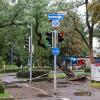 Nach dem Unwetter wird der entwurzelte Baum am Curt-Frenzel-Stadion entfernt. 