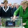 Ob das gut geht? Brasiliens Staatspräsidentin Dilma Rousseff (l.) und Bundeskanzlerin Angela Merkel tauchen auf der Computermesse CeBIT einen Tablett-PC in ein Aquarium, um dessen Wasserfestigkeit zu demonstrieren. 