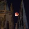 Der rötlich gefärbte Mond leuchtet hinter dem Erfurter Dom.