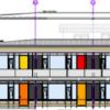 Fluchttüren und Fensterläden sollen jetzt bunt werden und zwar in verschiedenen Rot-, Gelb- und Orangetönen, wie es hier der Entwurf des Architekturbüros Obel und Partner zeigt.  