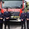 Im Rahmen des Florianstages lud die Feuerwehr Rammingen zur Fahrzeugsegnung. Vor dem neuen LF 10 zeigen sich (von links) der Vorsitzende des Feuerwehrvereins Johann Singer, Erster Kommandant Manuel Becker sowie seine beiden Stellvertreter Heiko Gunthner und Thomas Ledermann. 