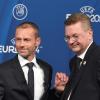 UEFA-Boss Aleksander Ceferin (links) und der damalige DFB-Präsident Reinhard Grindel bei einem Pressetermin.