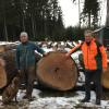 Forstbetriebsleiter Helmut Weixler (rechts) und Holzvertriebsleiter Leonhard Huber am teuersten Stamm des Forstbetriebs Kaisheim bei der Submission in Bopfingen. 