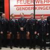 Bei den Ehrungen in Genderkingen: (von links) Vorsitzender Sebastian Schellenberger, Kreisbrandmeister Manfred Riegel, Stephan Bairlein, Kommandant Manuel Schweier, Josef Bairlein junior, Andreas Fischer, Christian Schur, Markus Stangl, Franz Striebel, Markus Förg und Zweiter Kommandant Werner Stangl. 	