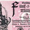 Dieser "Gutschein über Fünf Milliarden Mark" war der kleinste Wert einer Augsburger-Stadtgeld-Serie vom 26. Oktober 1923. Der höchste hatte einen Nennwert von sagenhaften 5 Billionen.