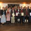 Die Geehrten des Gaues Krumbach mit Gauschützenmeister Helmut Konrad, seinem Stellvertreter Franz Bonk, Bezirksschützenmeister Karl Schnell und Krumbachs stellvertretendem Bürgermeister Gerhard Weiß. 	