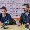 Jaka Lakovic (links), Trainer von Ratiopharm, und der Geschäftsführer Andreas Oettel während einer Pressekonferenz am Freitagmittag, bei der es um die Frage ging, welche Folgen die vorläufigen Spielabsetzungen der BBL für den Klub haben. 	