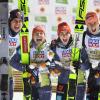 Skisprung-Weltmeister im Mixed-Team: Karl Geiger (l-r), Selina Freitag, Katharina Althaus und Andreas Wellinger.