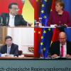 Verbunden per Videoschalte: Bundeskanzlerin Angela Merkel und Bundeswirtschaftsminister Peter Altmaier sprechen mit dem chinesischen Ministerpräsidenten Li Keqiang (oben links) und dem Vorsitzenden der Nationalen Entwicklungs- und Reformkommission Chinas (NDRC), He Lifeng.