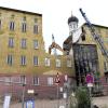 Das ehemalige Verwaltungsgebäude des Theaters an der Heilig-Kreuz-Straße in Augsburg wird jetzt abgerissen. Die Arbeiten dauern voraussichtlich bis Ende September.