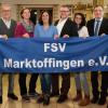 Die neue Vorstandschaft des FSV Marktoffingen (von links): Daniel Mainka (3. Vorsitzender), Roland Hummel (Schriftführer) , Monika Kunert, Jasmin Stelzle (beide Kassier), Karl Stempfle (1. Vorsitzender), Simone Stark (Schriftführer), Bürgermeister Helmut Bauer und Stefan Mayer (2. Vorsitzender).  	